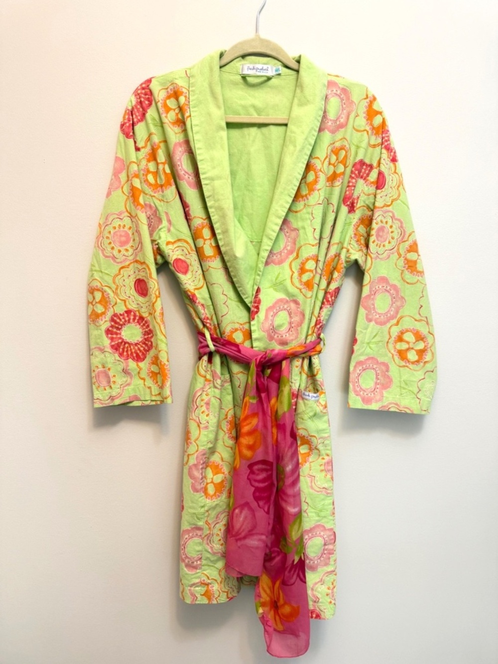 Vintage 90s Fresh Produce Floral PocketsvCotton Robe Kimono Shawl Collar Neon M